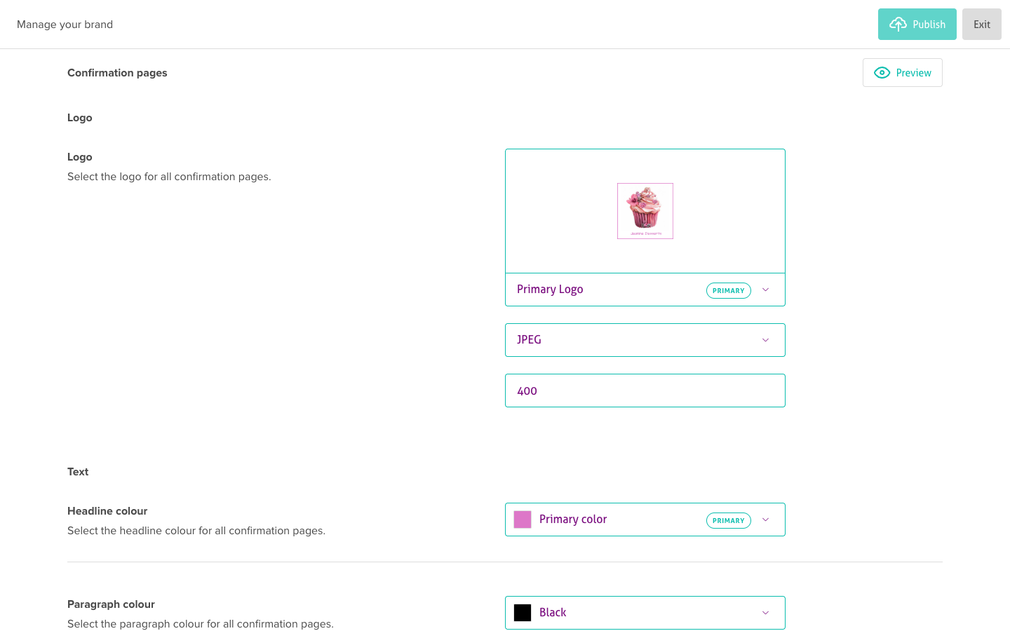 Brand Kit editor showing the logo settings and brand color controls, with Preview and Publish buttons