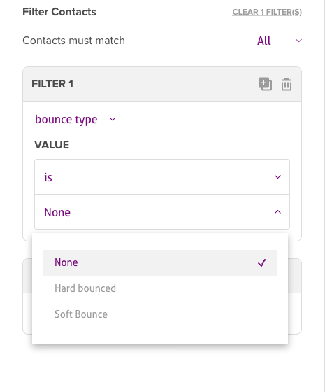 Contact filter set to Bounce type, with the value list open showing None, Hard bounced, and Soft Bounce